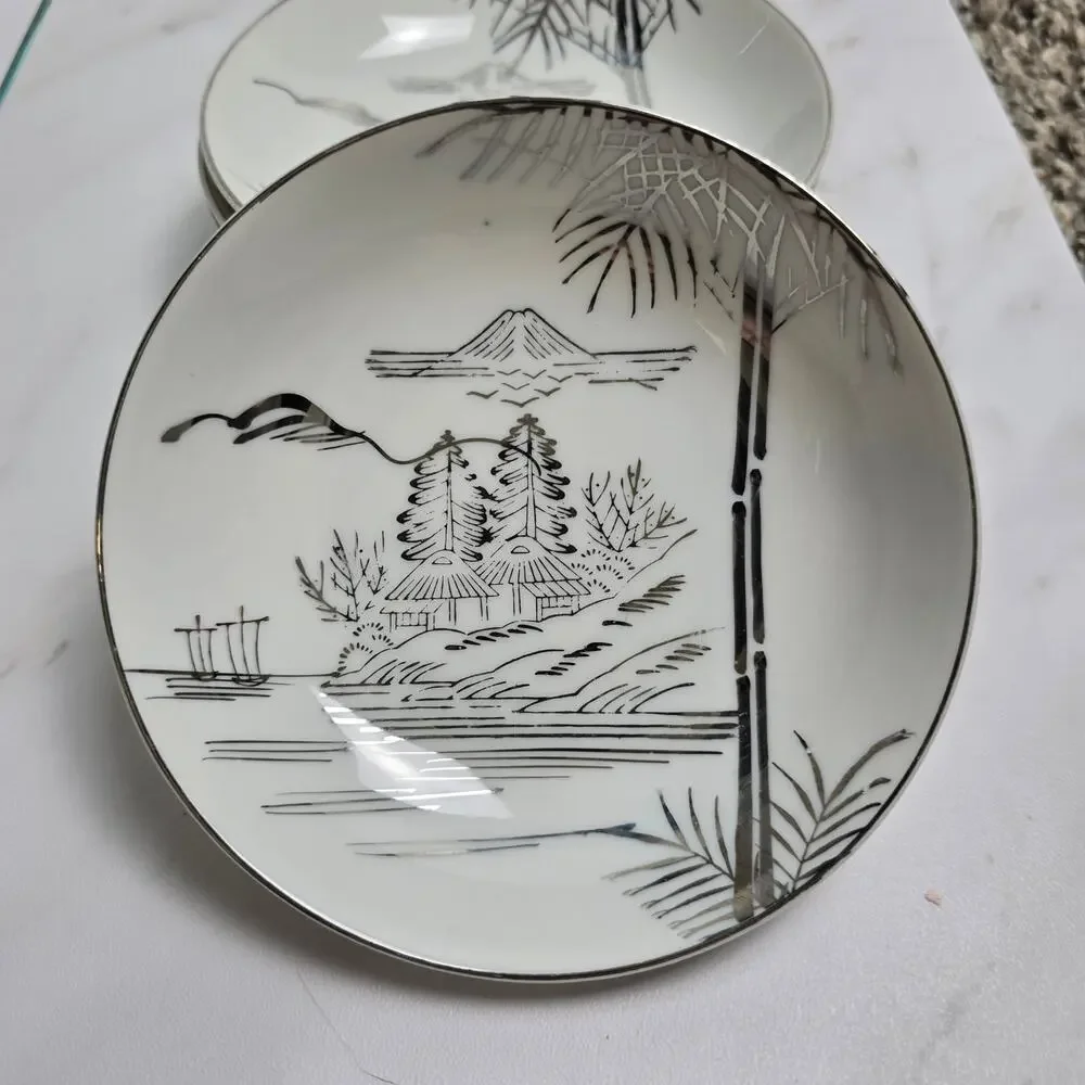 Vintage Meiyo China Nippon 1940s Silver Lithopane set of 4 bowls 5 inch